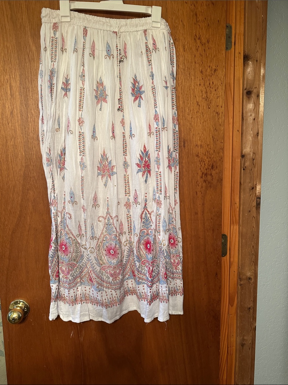Bohemian White Maxi Skirt with Pink & Blue Floral Print